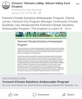 Screenshot from facebook showing a post about the Fremont Climate Solutions Ambassador Program