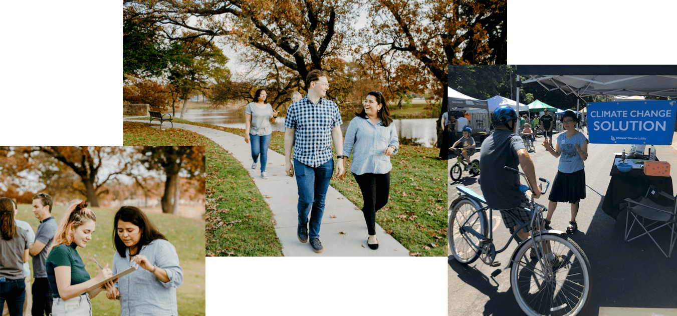 three photos showing a woman writing on a clipboard while another looks on, a small group of people walking down a path next to a lake, and a person with a bicycle talking to someone at a booth that says 'Climate Change Solution'
